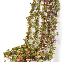 Load image into Gallery viewer, artificial ivy small roses fake flowers vine garland wedding home store decoration plastic hanging wall green plants rattan leaf
