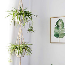 Load image into Gallery viewer, Macrame Double Plant Hanger Indoor Outdoor 2 Tier Hanging Planter Cotton Rope 4 Legs 67 inch
